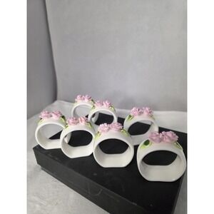 Set of 7 VTG White Porcelain Pink Rose Napkin Rings Applied Flowers 2.25" x 2" C